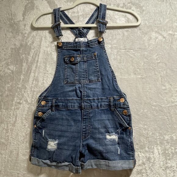 Jordache Denim Shortalls Bib Overalls Girls Sz L 10/12 Distressed - Picture 1 of 9